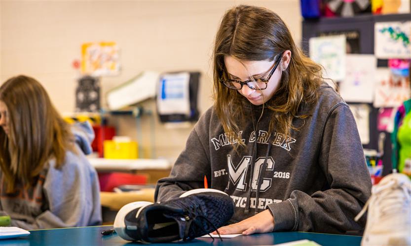 Students sketch shoes during art class